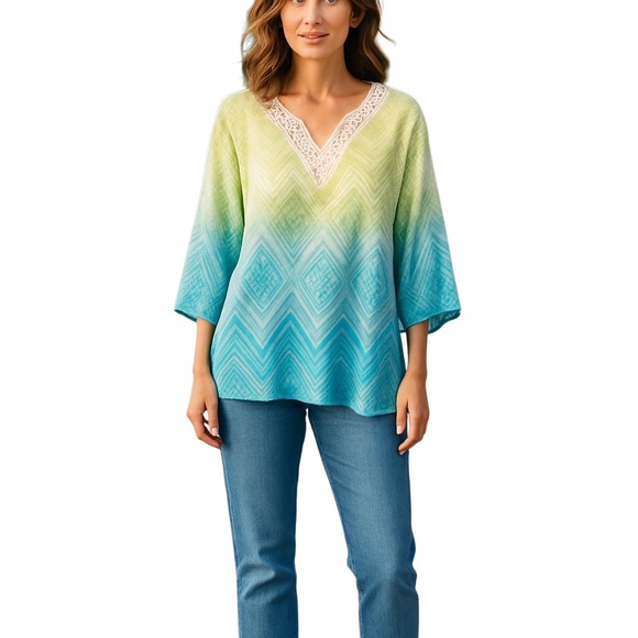 Alfred Dunner L Blue-Green Diamond Ombre V Neck 3/4 Sleeve Blouse - Picture 2 of 11
